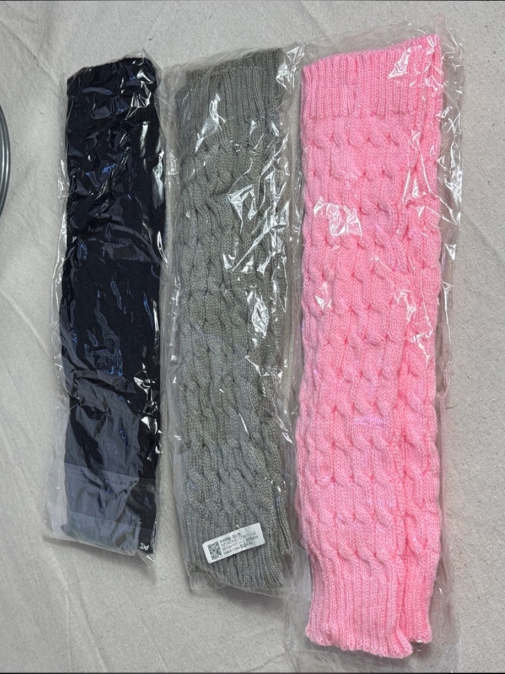 Socks Cable Knit Leg Warmers Set - Pink, Black and Gray.